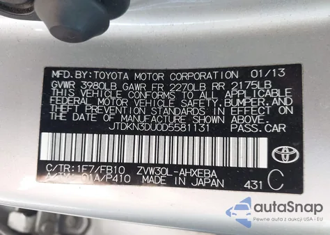 2013 Toyota Prius Two z USA, uszkodzony, nr VIN JTDKN3DU0D5581131